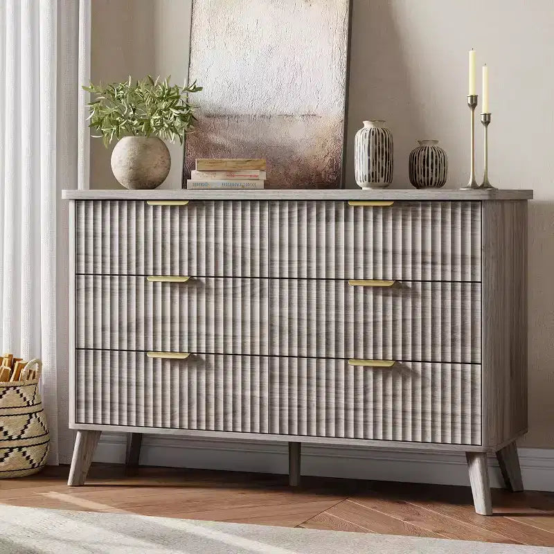 6 Drawers Dresser for Bedroom, 47.2 Wide Dressers with Curved Profile Design, Fluted Wood Drawers, Modern Chest of Dressers for Living Room