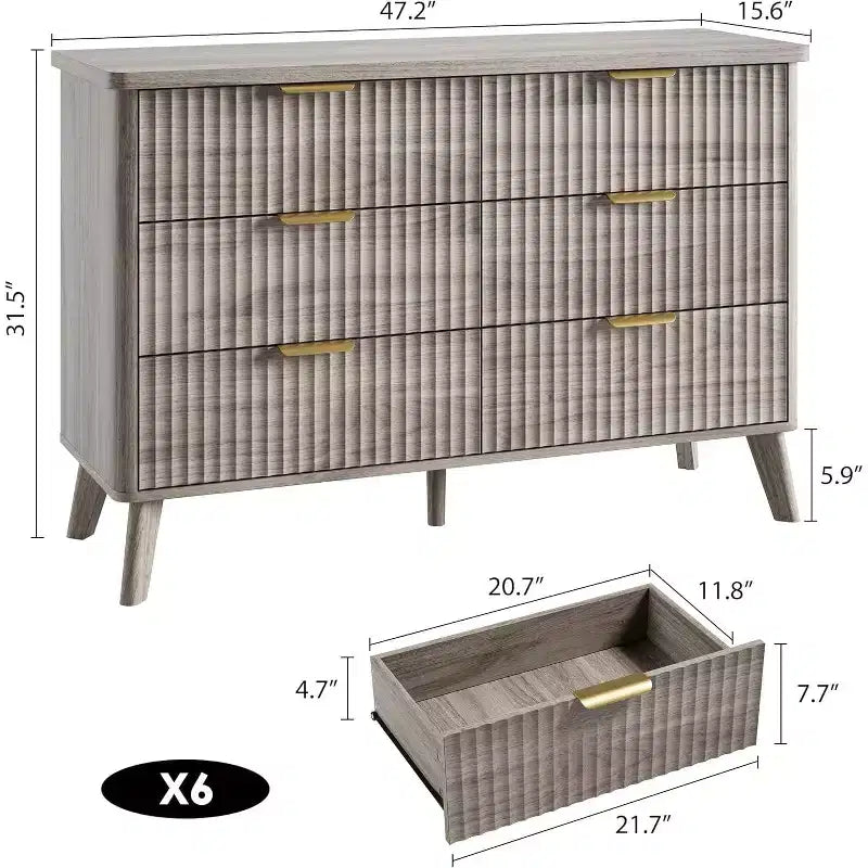 6 Drawers Dresser for Bedroom, 47.2 Wide Dressers with Curved Profile Design, Fluted Wood Drawers, Modern Chest of Dressers for Living Room