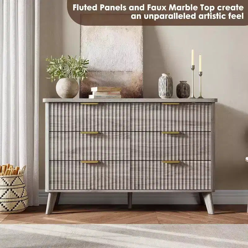 6 Drawers Dresser for Bedroom, 47.2 Wide Dressers with Curved Profile Design, Fluted Wood Drawers, Modern Chest of Dressers for Living Room