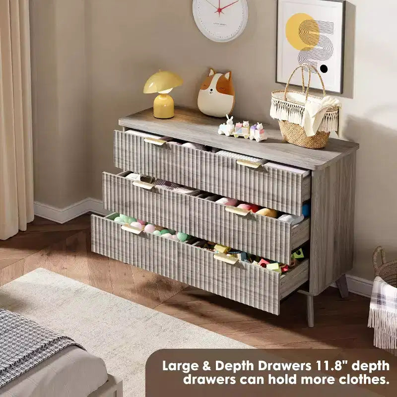 6 Drawers Dresser for Bedroom, 47.2 Wide Dressers with Curved Profile Design, Fluted Wood Drawers, Modern Chest of Dressers for Living Room