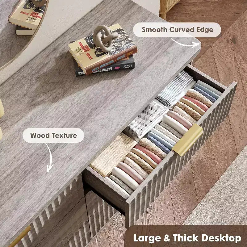 6 Drawers Dresser for Bedroom, 47.2 Wide Dressers with Curved Profile Design, Fluted Wood Drawers, Modern Chest of Dressers for Living Room