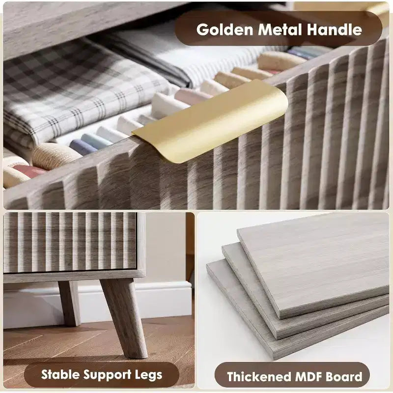6 Drawers Dresser for Bedroom, 47.2 Wide Dressers with Curved Profile Design, Fluted Wood Drawers, Modern Chest of Dressers for Living Room