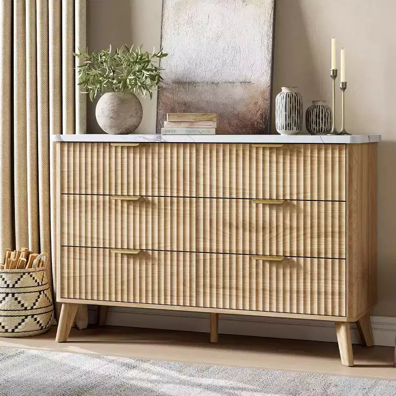 6 Drawers Dresser for Bedroom, 47.2 Wide Dressers with Curved Profile Design, Fluted Wood Drawers, Modern Chest of Dressers for Living Room