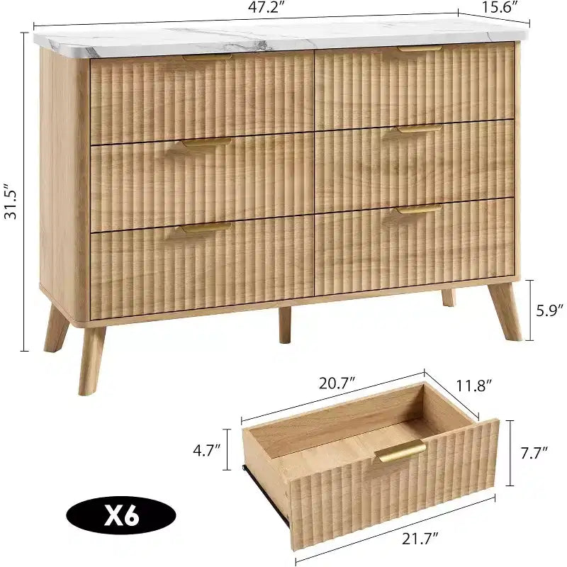 6 Drawers Dresser for Bedroom, 47.2 Wide Dressers with Curved Profile Design, Fluted Wood Drawers, Modern Chest of Dressers for Living Room