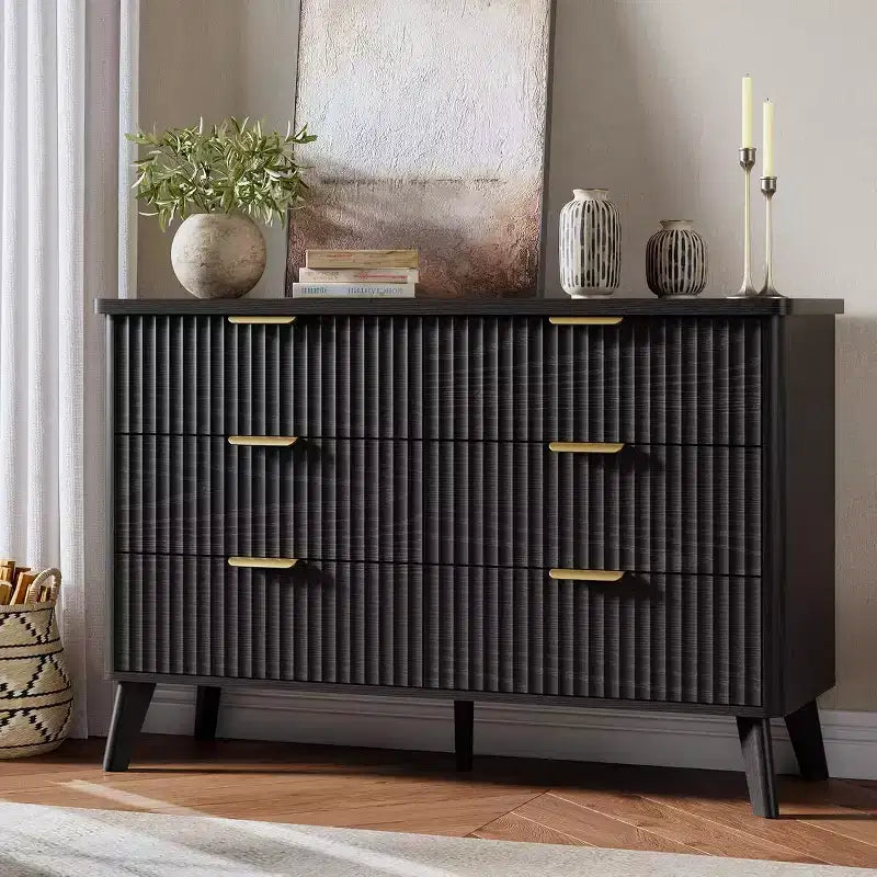 6 Drawers Dresser for Bedroom, 47.2 Wide Dressers with Curved Profile Design, Fluted Wood Drawers, Modern Chest of Dressers for Living Room