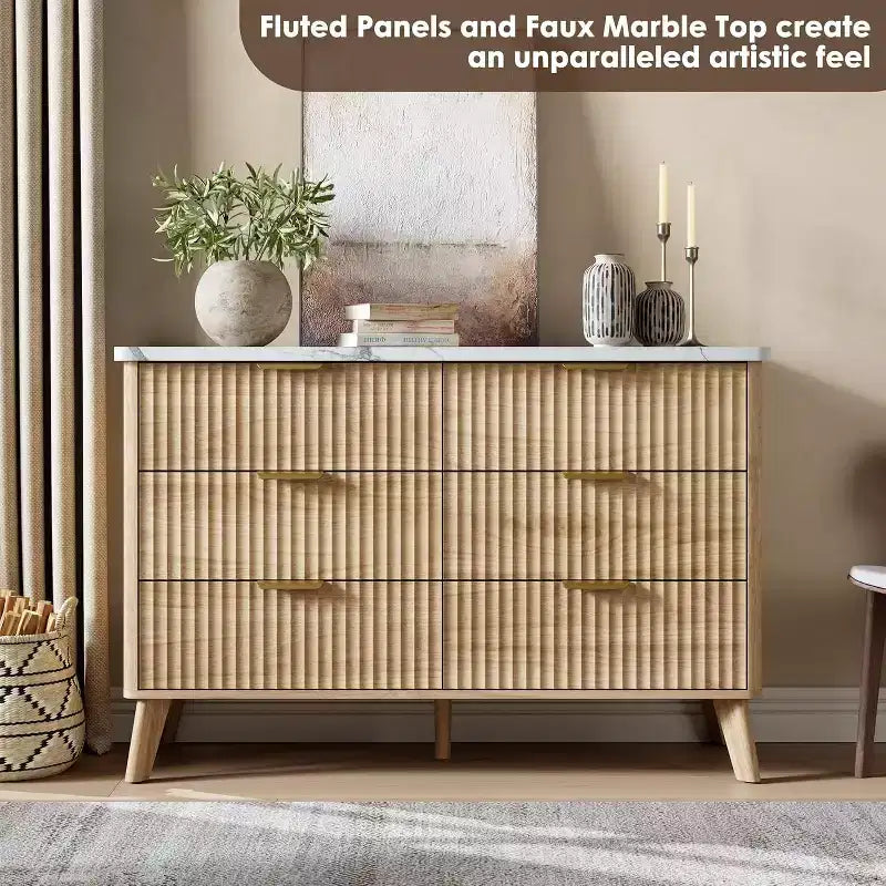 6 Drawers Dresser for Bedroom, 47.2 Wide Dressers with Curved Profile Design, Fluted Wood Drawers, Modern Chest of Dressers for Living Room