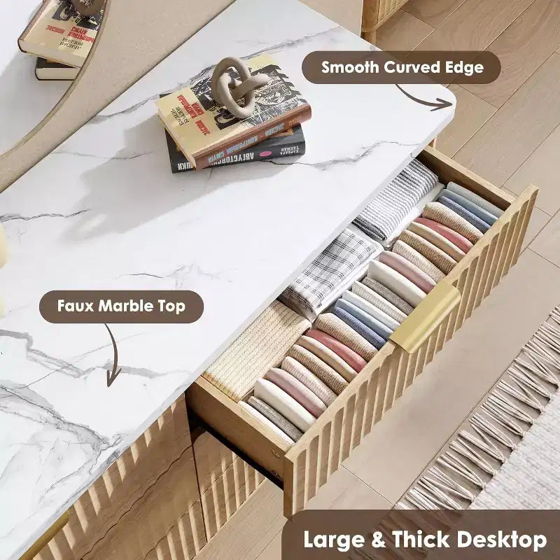 6 Drawers Dresser for Bedroom, 47.2 Wide Dressers with Curved Profile Design, Fluted Wood Drawers, Modern Chest of Dressers for Living Room