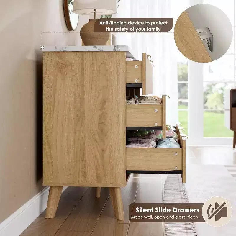 6 Drawers Dresser for Bedroom, 47.2 Wide Dressers with Curved Profile Design, Fluted Wood Drawers, Modern Chest of Dressers for Living Room