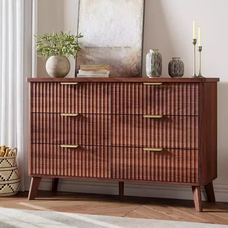 6 Drawers Dresser for Bedroom, 47.2 Wide Dressers with Curved Profile Design, Fluted Wood Drawers, Modern Chest of Dressers for Living Room