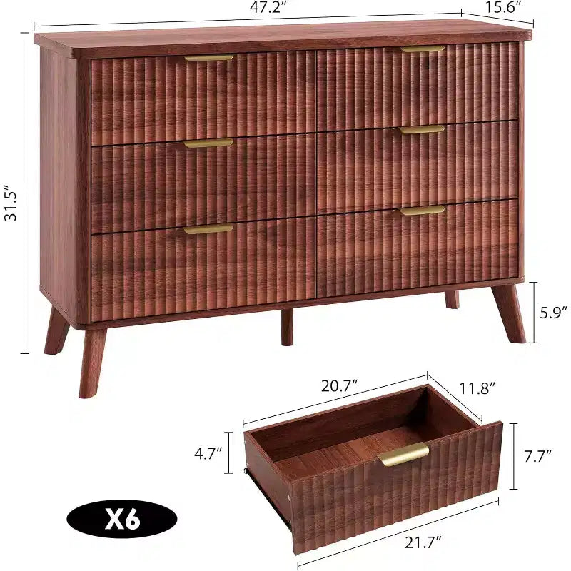 6 Drawers Dresser for Bedroom, 47.2 Wide Dressers with Curved Profile Design, Fluted Wood Drawers, Modern Chest of Dressers for Living Room