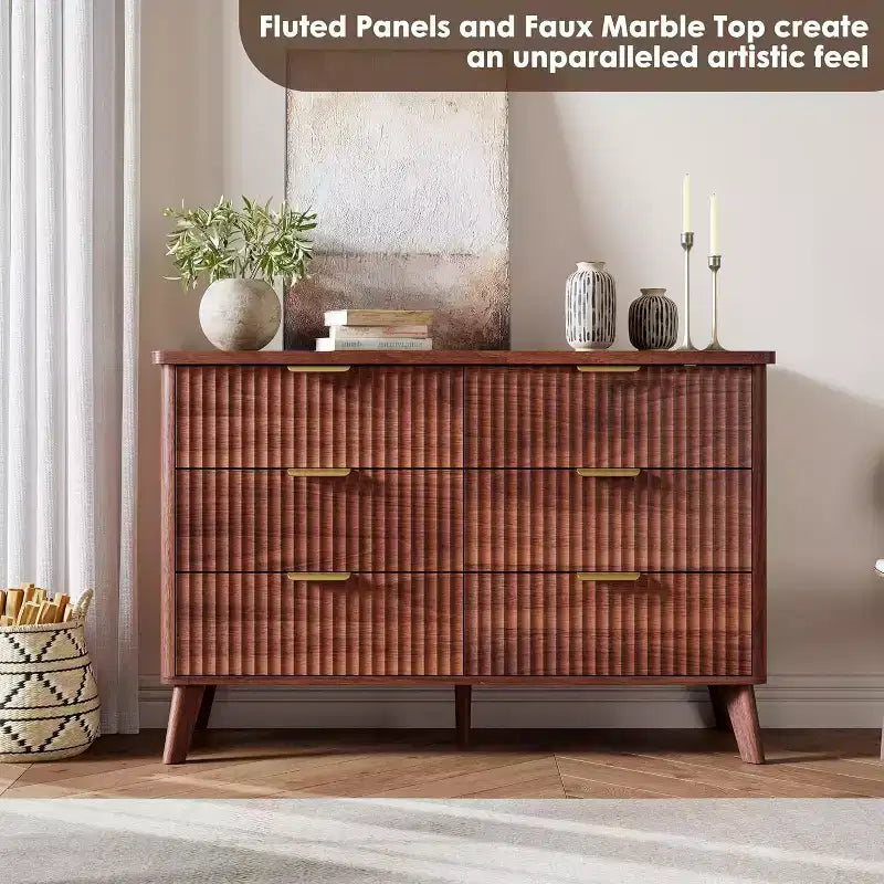 6 Drawers Dresser for Bedroom, 47.2 Wide Dressers with Curved Profile Design, Fluted Wood Drawers, Modern Chest of Dressers for Living Room
