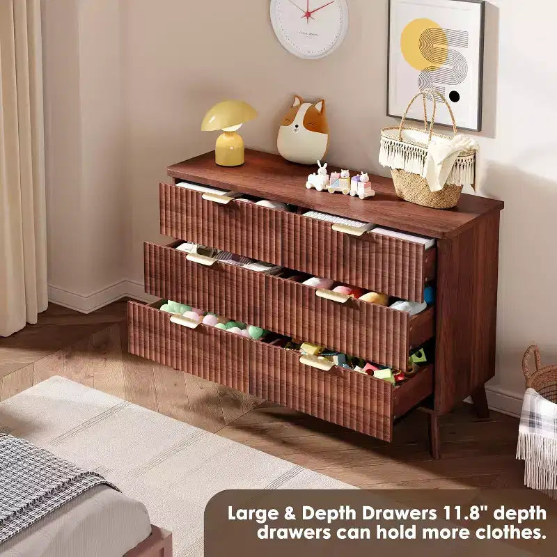 6 Drawers Dresser for Bedroom, 47.2 Wide Dressers with Curved Profile Design, Fluted Wood Drawers, Modern Chest of Dressers for Living Room