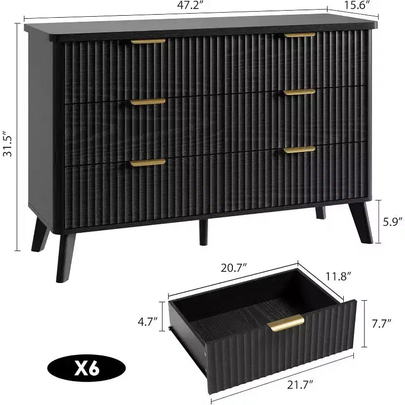 6 Drawers Dresser for Bedroom, 47.2 Wide Dressers with Curved Profile Design, Fluted Wood Drawers, Modern Chest of Dressers for Living Room