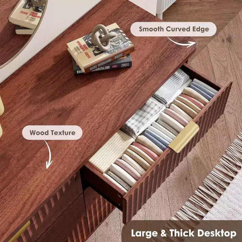6 Drawers Dresser for Bedroom, 47.2 Wide Dressers with Curved Profile Design, Fluted Wood Drawers, Modern Chest of Dressers for Living Room
