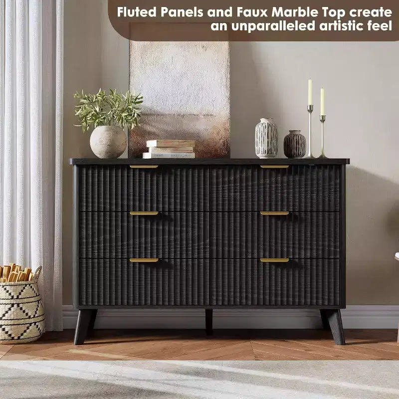 6 Drawers Dresser for Bedroom, 47.2 Wide Dressers with Curved Profile Design, Fluted Wood Drawers, Modern Chest of Dressers for Living Room