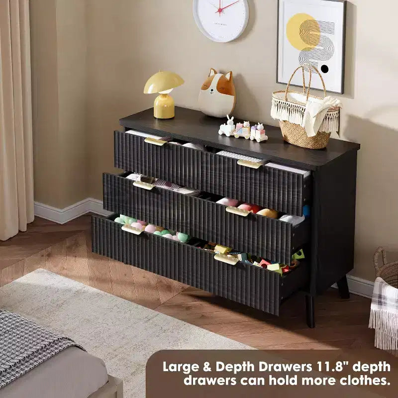 6 Drawers Dresser for Bedroom, 47.2 Wide Dressers with Curved Profile Design, Fluted Wood Drawers, Modern Chest of Dressers for Living Room