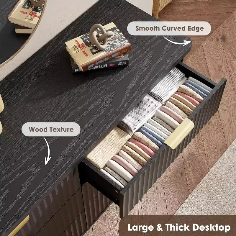 6 Drawers Dresser for Bedroom, 47.2 Wide Dressers with Curved Profile Design, Fluted Wood Drawers, Modern Chest of Dressers for Living Room