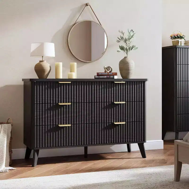 6 Drawers Dresser for Bedroom, 47.2 Wide Dressers with Curved Profile Design, Fluted Wood Drawers, Modern Chest of Dressers for Living Room