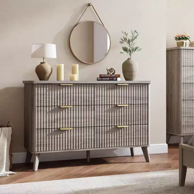 6 Drawers Dresser for Bedroom, 47.2 Wide Dressers with Curved Profile Design, Fluted Wood Drawers, Modern Chest of Dressers for Living Room