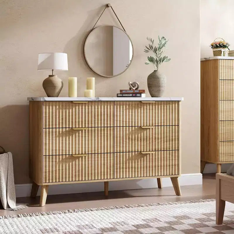 6 Drawers Dresser for Bedroom, 47.2 Wide Dressers with Curved Profile Design, Fluted Wood Drawers, Modern Chest of Dressers for Living Room