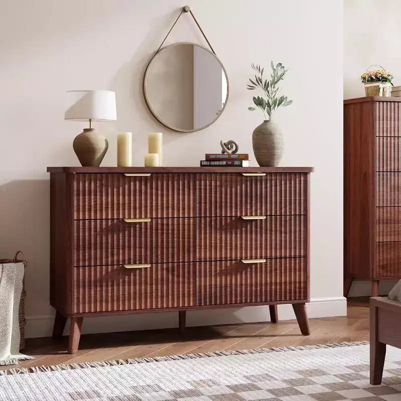 6 Drawers Dresser for Bedroom, 47.2 Wide Dressers with Curved Profile Design, Fluted Wood Drawers, Modern Chest of Dressers for Living Room