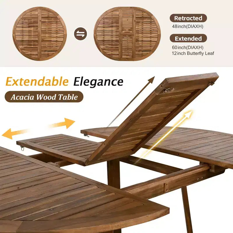 Ensemble de salle à manger d'extérieur 5 pièces Whisen résistant aux intempéries, table ronde extensible et 4 chaises en rotin