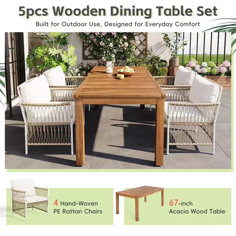 Ensemble de salle à manger d'extérieur 5 pièces Whisen résistant aux intempéries, table ronde extensible et 4 chaises en rotin