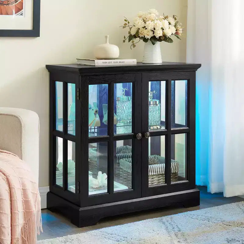LED Antique Display Cabinet with Lattice Doors, Adjustable Shelves, and Bluetooth Control for Retro Design