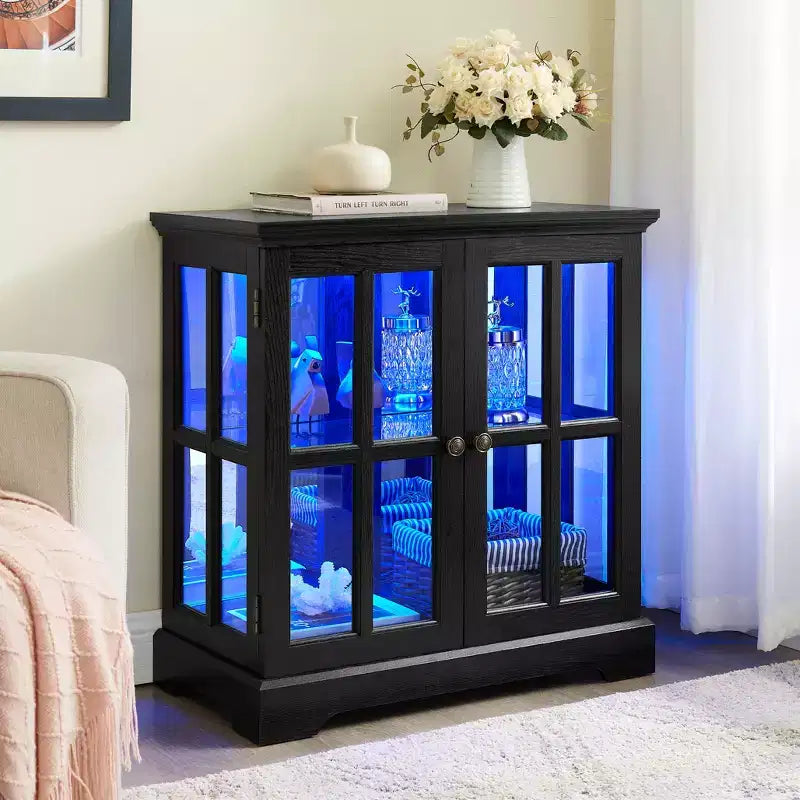 LED Antique Display Cabinet with Lattice Doors, Adjustable Shelves, and Bluetooth Control for Retro Design
