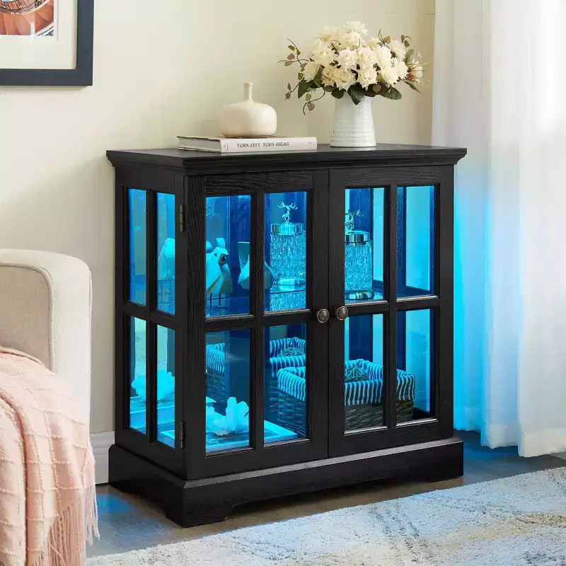 LED Antique Display Cabinet with Lattice Doors, Adjustable Shelves, and Bluetooth Control for Retro Design