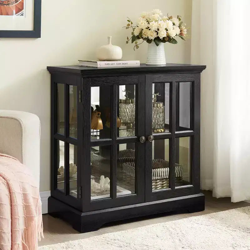 LED Antique Display Cabinet with Lattice Doors, Adjustable Shelves, and Bluetooth Control for Retro Design
