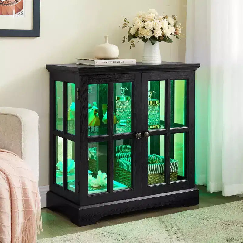 LED Antique Display Cabinet with Lattice Doors, Adjustable Shelves, and Bluetooth Control for Retro Design
