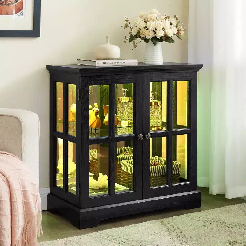LED Antique Display Cabinet with Lattice Doors, Adjustable Shelves, and Bluetooth Control for Retro Design