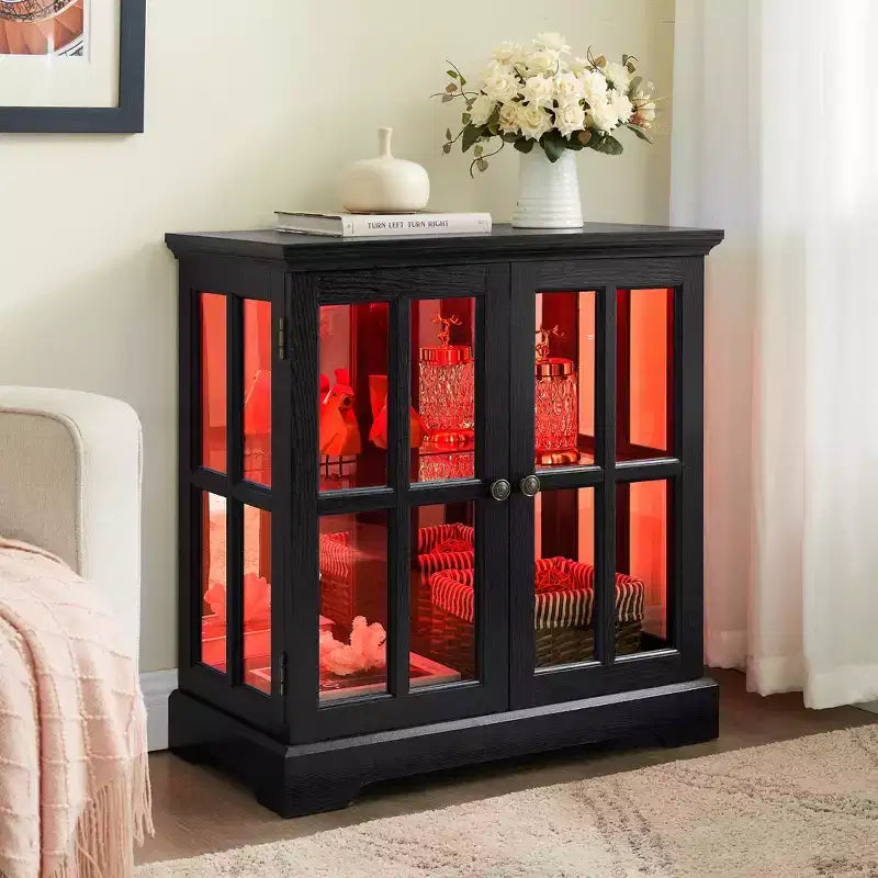 LED Antique Display Cabinet with Lattice Doors, Adjustable Shelves, and Bluetooth Control for Retro Design