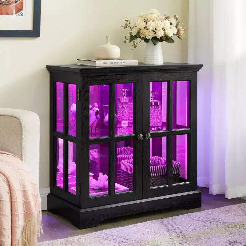 LED Antique Display Cabinet with Lattice Doors, Adjustable Shelves, and Bluetooth Control for Retro Design