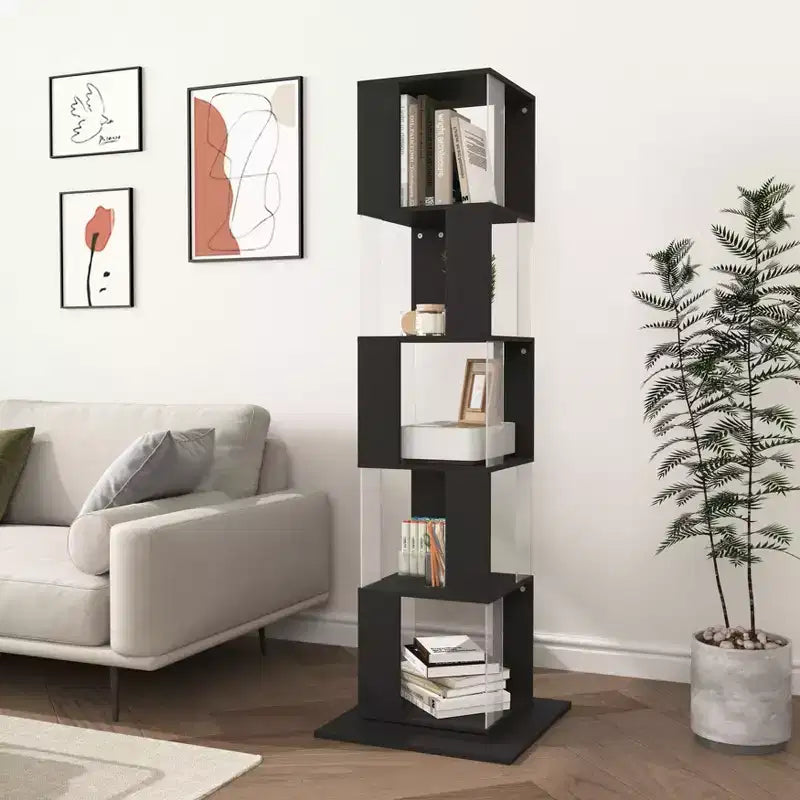 JVNOXK 360 Rotating Acrylic Modern Bookshelf, 5-Tier Floor-Standing Minimalist Bookcase, Suitable for Living Room or Bedroom, Black