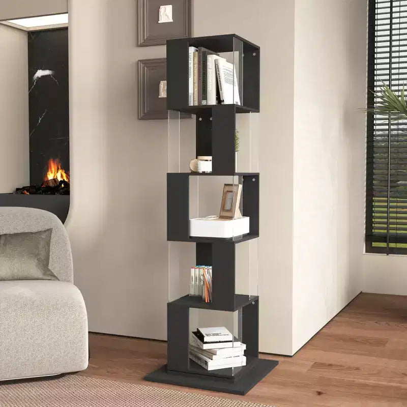 JVNOXK 360 Rotating Acrylic Modern Bookshelf, 5-Tier Floor-Standing Minimalist Bookcase, Suitable for Living Room or Bedroom, Black