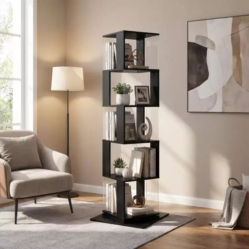 JVNOXK 360 Rotating Acrylic Modern Bookshelf, 5-Tier Floor-Standing Minimalist Bookcase, Suitable for Living Room or Bedroom, Black