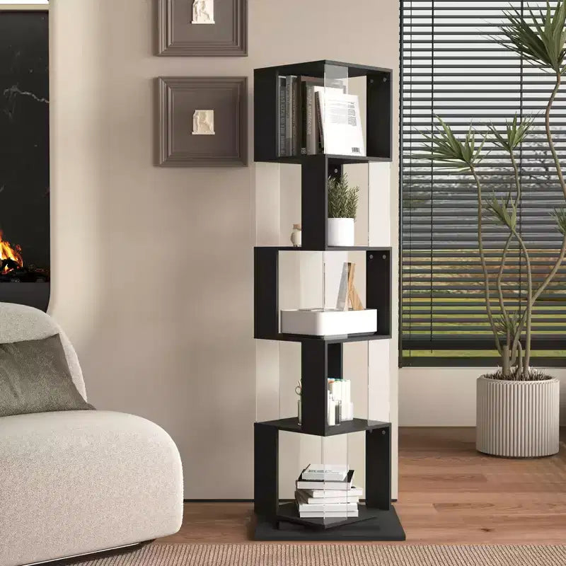 JVNOXK 360 Rotating Acrylic Modern Bookshelf, 5-Tier Floor-Standing Minimalist Bookcase, Suitable for Living Room or Bedroom, Black