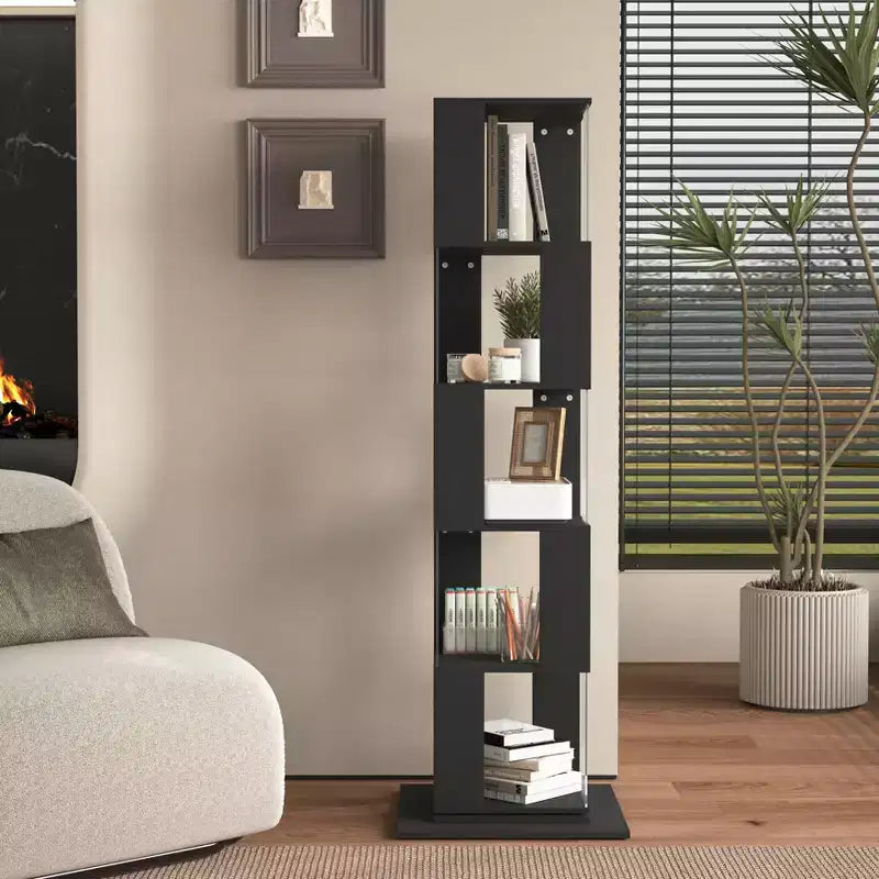 JVNOXK 360 Rotating Acrylic Modern Bookshelf, 5-Tier Floor-Standing Minimalist Bookcase, Suitable for Living Room or Bedroom, Black