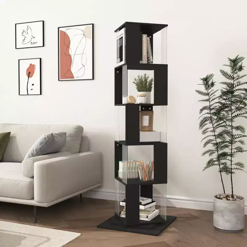 JVNOXK 360 Rotating Acrylic Modern Bookshelf, 5-Tier Floor-Standing Minimalist Bookcase, Suitable for Living Room or Bedroom, Black