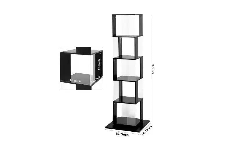 JVNOXK 360 Rotating Acrylic Modern Bookshelf, 5-Tier Floor-Standing Minimalist Bookcase, Suitable for Living Room or Bedroom, Black