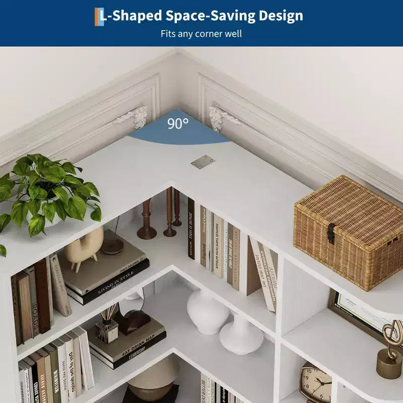 Corner Bookshelf, 74 Tall Corner Bookshelves, 6 Tiers L-Shaped Bookcase with Open Shelves and Storage Drawers for Living Room or Home Office