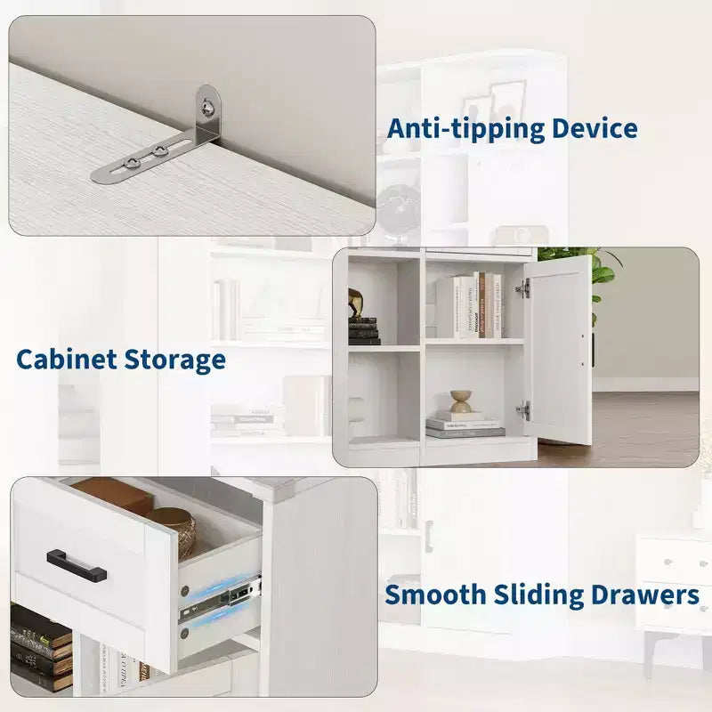 Corner Bookshelf, 74 Tall Corner Bookshelves, 6 Tiers L-Shaped Bookcase with Open Shelves and Storage Drawers for Living Room or Home Office