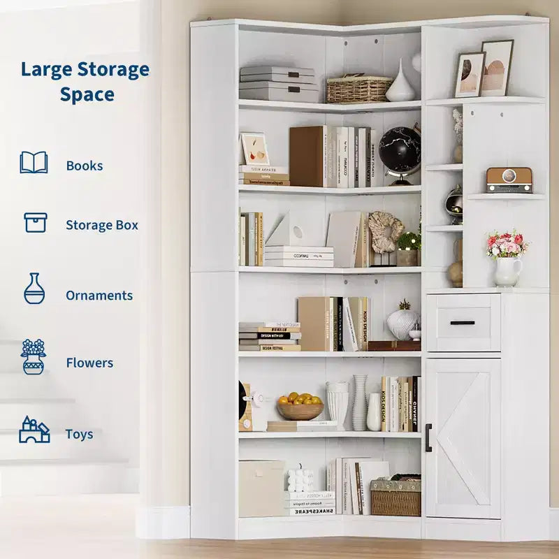 Corner Bookshelf, 74 Tall Corner Bookshelves, 6 Tiers L-Shaped Bookcase with Open Shelves and Storage Drawers for Living Room or Home Office