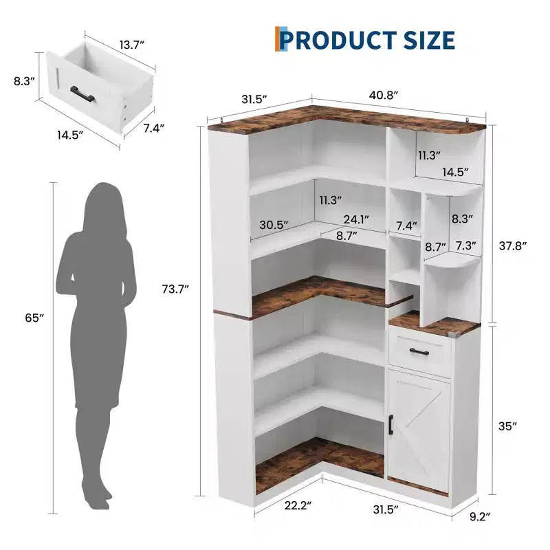 Corner Bookshelf, 74 Tall Corner Bookshelves, 6 Tiers L-Shaped Bookcase with Open Shelves and Storage Drawers for Living Room or Home Office