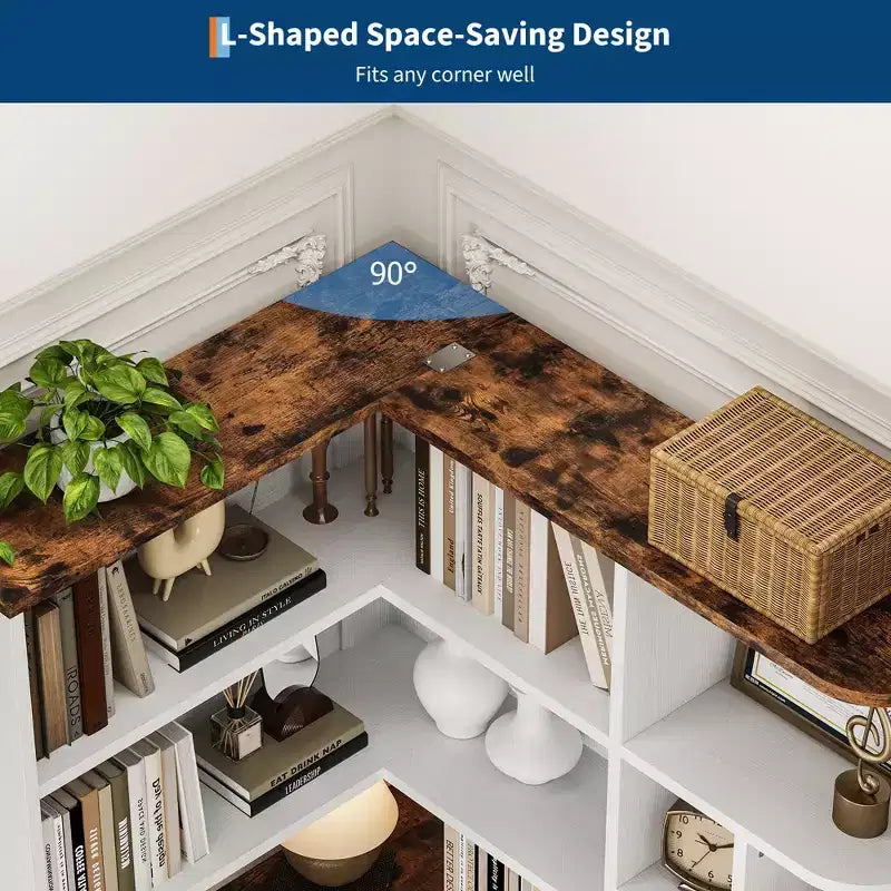Corner Bookshelf, 74 Tall Corner Bookshelves, 6 Tiers L-Shaped Bookcase with Open Shelves and Storage Drawers for Living Room or Home Office