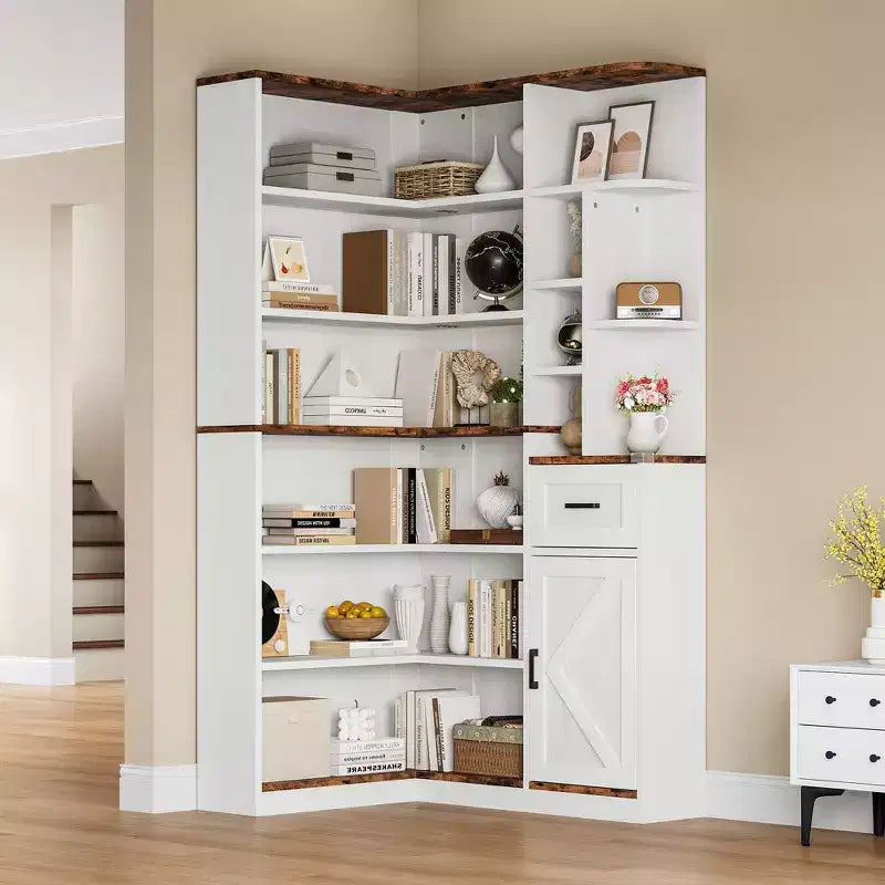 Corner Bookshelf, 74 Tall Corner Bookshelves, 6 Tiers L-Shaped Bookcase with Open Shelves and Storage Drawers for Living Room or Home Office