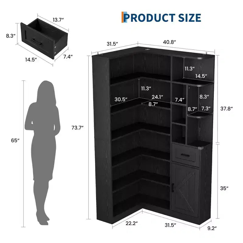 Corner Bookshelf, 74 Tall Corner Bookshelves, 6 Tiers L-Shaped Bookcase with Open Shelves and Storage Drawers for Living Room or Home Office