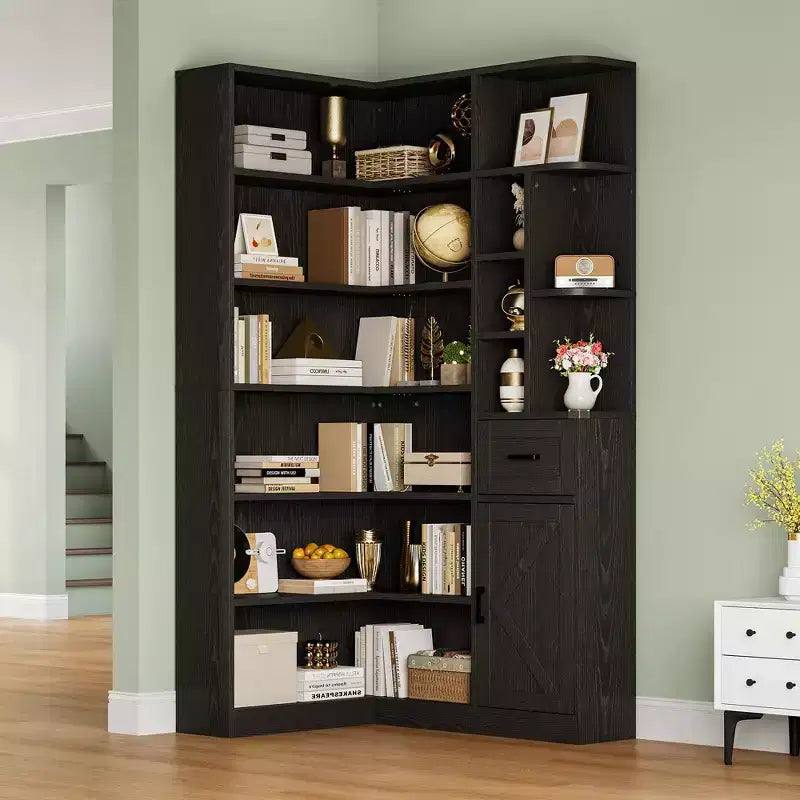 Corner Bookshelf, 74 Tall Corner Bookshelves, 6 Tiers L-Shaped Bookcase with Open Shelves and Storage Drawers for Living Room or Home Office